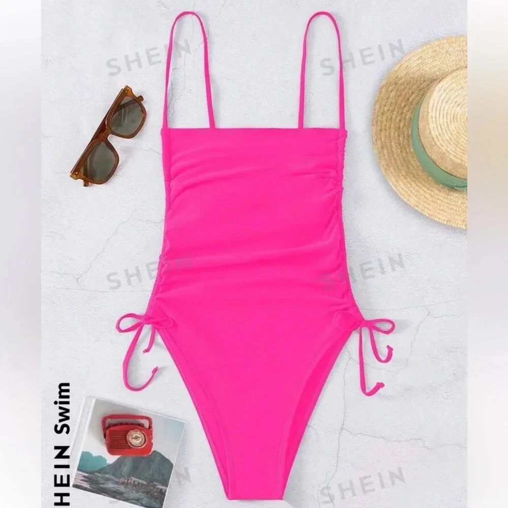 Women’s hot pink one piece side tie bathing suit~ Size Large - Picture 1 of 3